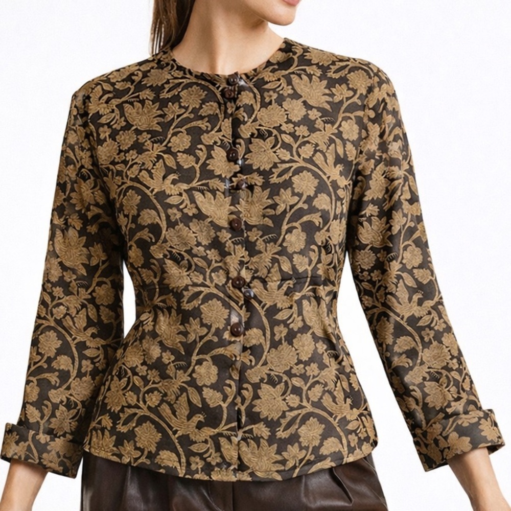 Jones New York Blouse Floral Leaf Print French Cuffs Flatter Fitted Gold Brown 8